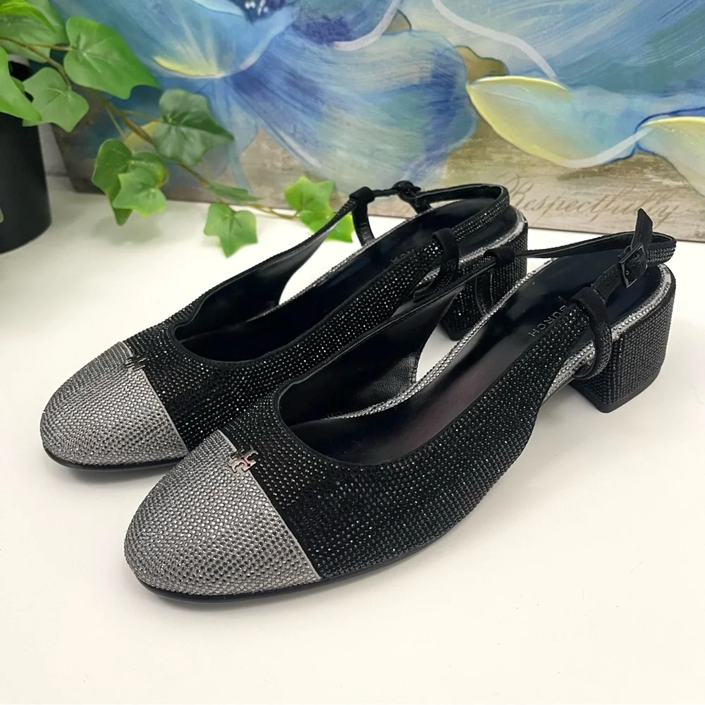 Tory Burch Cap Toe‎ Pave Slingback Heels in Black Silver Size 7